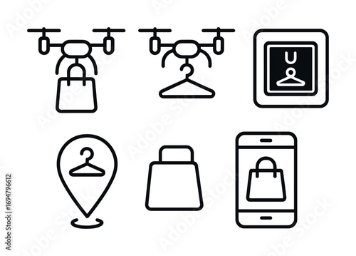 Drone package delivery icon set featuring mobile and location icons