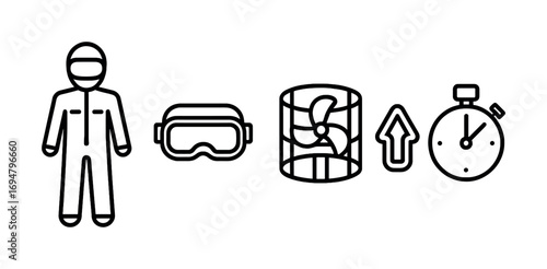 Racing gear and strategy icons featuring suit, goggles, fan, arrow, and stopwatch