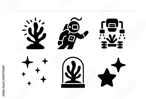 Space exploration icons: astronauts, robots, stars, and cosmic plants