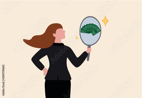 Self worth or self esteem, confident or attitude to see value in yourself, motivation or positive thinking concept, confidence businesswoman look at her reflection in the mirror to see money banknotes
