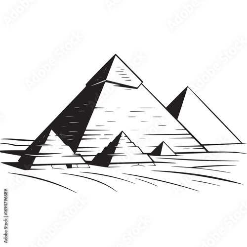 Vector art of stylized black and white illustration of the pyramids of giza, ancient egyptian landmarks