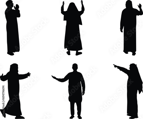 Middle Eastern silhouette, traditional robe figure, cultural gesture icon, black vector, expressive pose, religious attire, heritage, identity