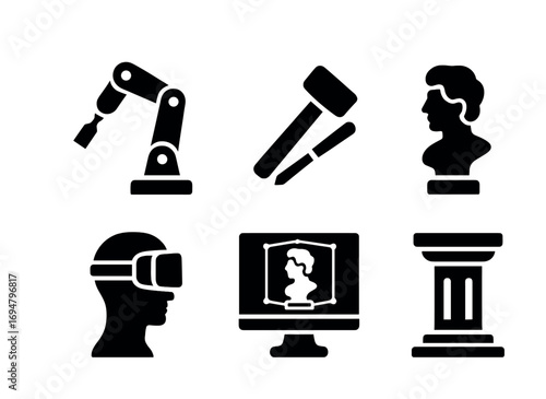 Series of icons: robotic arm, chisels, bust, vr headset, computer, column