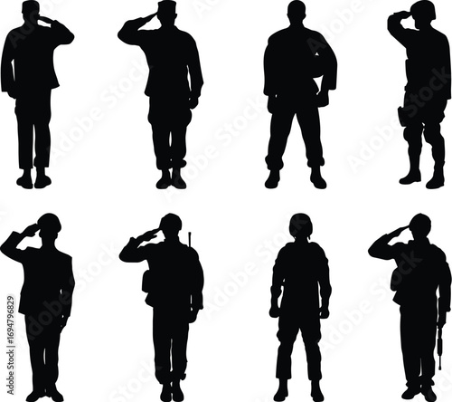 Military salute silhouettes, uniformed figures, formal gesture, respect, discipline, standing pose, honor, tradition, service, body language, ceremony