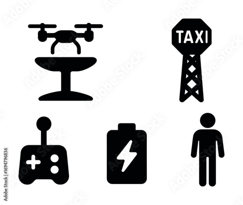 Technology icons: drone, taxi, remote, battery, person silhouettes