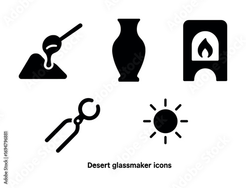 Desert glassmaker icons: kiln, vase, molten sand, tongs, sun symbol