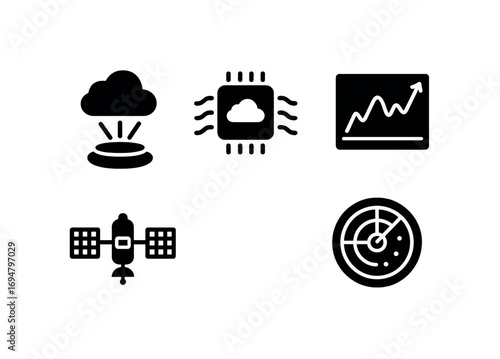 Cloud technology icons: cloud computing, microchip, data analytics, satellite, radar