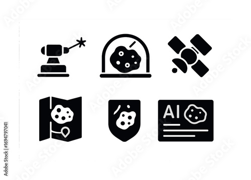 Space exploration icons set: telescope, asteroid, satellite, map, shield, ai interface
