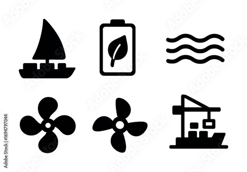 Eco-friendly maritime icons: boat, battery, waves, propellers, crane