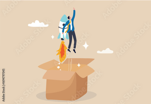 Think outside the box, creativity and innovation to change new ideation for business solution, leadership or inspiration for career success, businessman launch from open box with rocket booster.