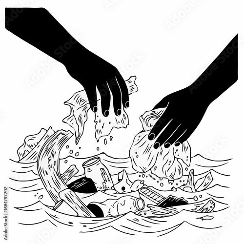 Hands cleaning ocean pollution in a stark, line art style, in black and white, depicting environmental conservation and activism with copy space