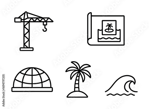 Construction and beach icons: crane, blueprint, geodesic dome, palm tree, ocean wave