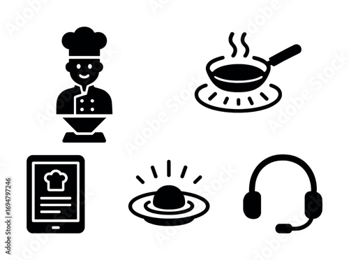 Chef icons: cooking, recipe, food preparation, tablet, headset
