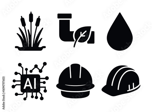 Environmental sustainability icons featuring nature, technology, and construction themes