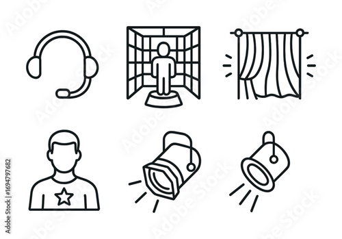 Outline icons of headset, recording booth, curtains, person, spotlight, stage light