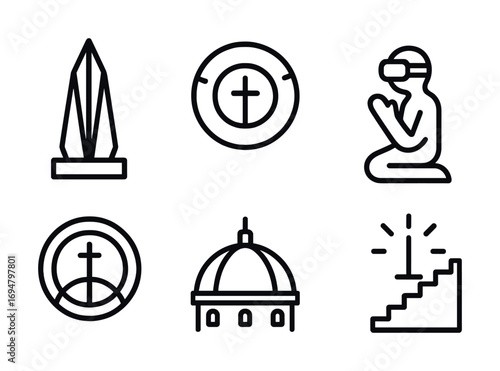 Religious symbols and architecture: cathedral dome, obelisk, worship icon, stairs, cross