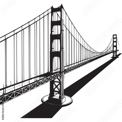 A captivating black and white illustration of the majestic golden gate bridge, isolated on white background
