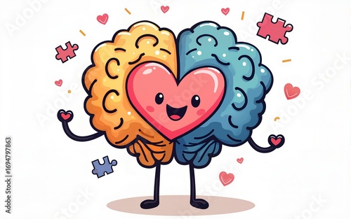 world mental health day, cartoon brain with puzzles heart lettering card. High quality