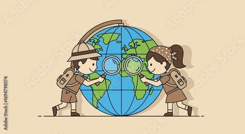 Two children, dressed as explorers, examine a globe with magnifying glasses, symbolizing discovery and learning.