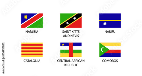 Flags of namibia, saint kitts and nevis, nauru, catalonia, central african republic, comoros