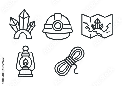 Line art icons: mining tools and equipment featuring crystals, helmet, map, lantern, rope