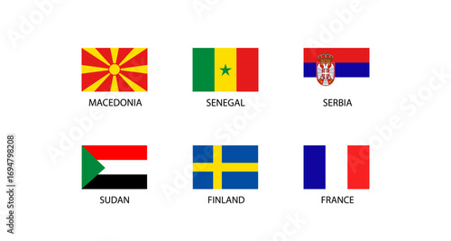 Country flags collection featuring macedonia, senegal, serbia, sudan, finland, and france