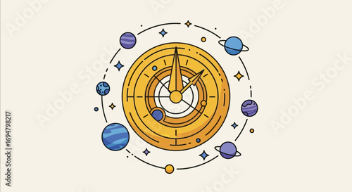 Golden clock face with planets orbiting in a stylized cosmic design.