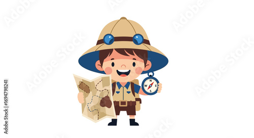 Cartoon explorer boy with map and compass, happy and ready for adventure.