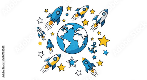 Cartoon illustration of rockets launching from a globe surrounded by stars and an anchor.