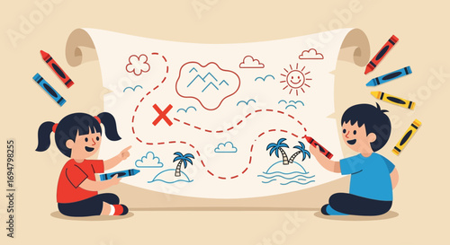 Two children, seated, collaboratively drawing a colorful treasure map on a large scroll.