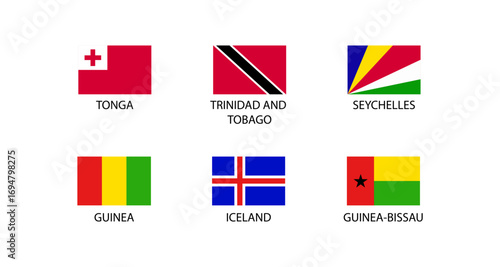 Set of national flags featuring tonga, trinidad and tobago, seychelles, guinea, iceland, and guinea-bissau