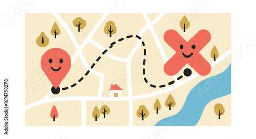 A cheerful map illustration depicting a route from a location marker to a destination.