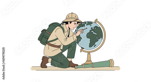 A khaki-clad explorer examines a globe with a magnifying glass, seeking adventure.