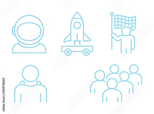 Space exploration icons: astronaut, rocket, flag, group