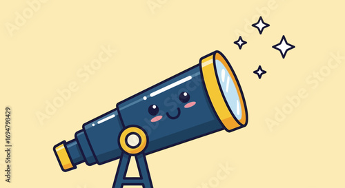 Cartoon illustration of a blue telescope with a smiling face, pointed upwards with sparkling stars.