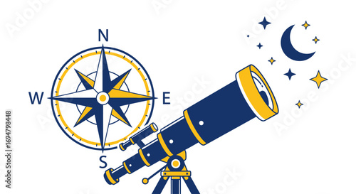 A stylized illustration of a telescope, compass, moon, and stars, representing exploration.