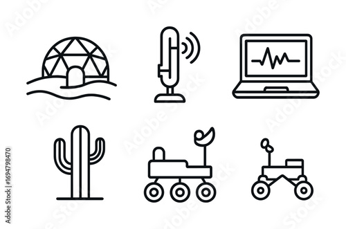 Set of space and technology line icons: dome, microphone, laptop, cactus, rovers