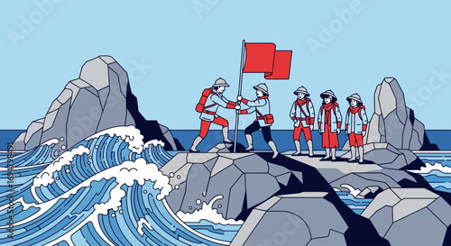 Illustration depicts a group of people planting a red flag on a rocky island amidst ocean waves.