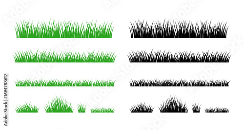 Grass design collection: green and black lawn silhouettes in flat style