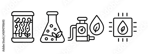 Biotechnology icons: algae lab, plant flask, oil extraction, synthetic biochip