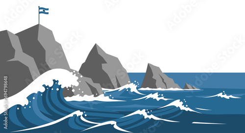 Stylized illustration of ocean waves crashing against rocky cliffs, with a flag waving atop the highest peak.