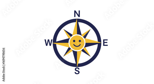 A cheerful compass rose illustration, showing directions, with a smiling sun at the center.