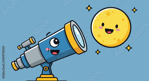 A cartoon telescope and a smiling moon are gazing at each other with stars.