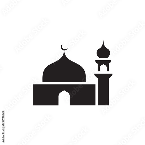 Black silhouette of a mosque with a dome and minaret, isolated on a white background, representing islamic architecture and religious worship
