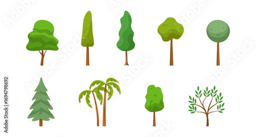 Diverse collection of trees in flat design style for nature projects