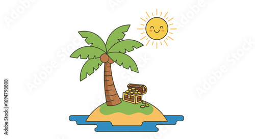 Cartoon illustration of a small island with a palm tree, treasure chest, and smiling sun.
