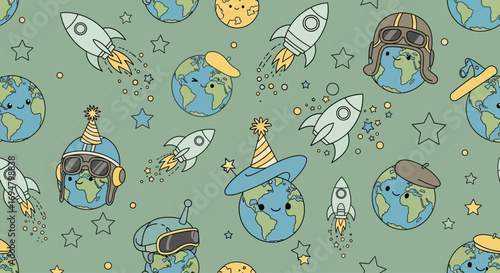 Cute cartoon Earth globes with space themed accessories, in a repeating pattern.