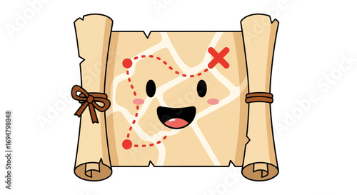 Happy cartoon treasure map with dotted route and X marking spot.