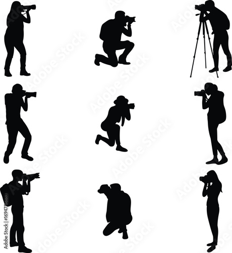 Photographer silhouette collection, camera poses, tripod usage, standing, kneeling, crouching figures, black icon set, photography vector illustration