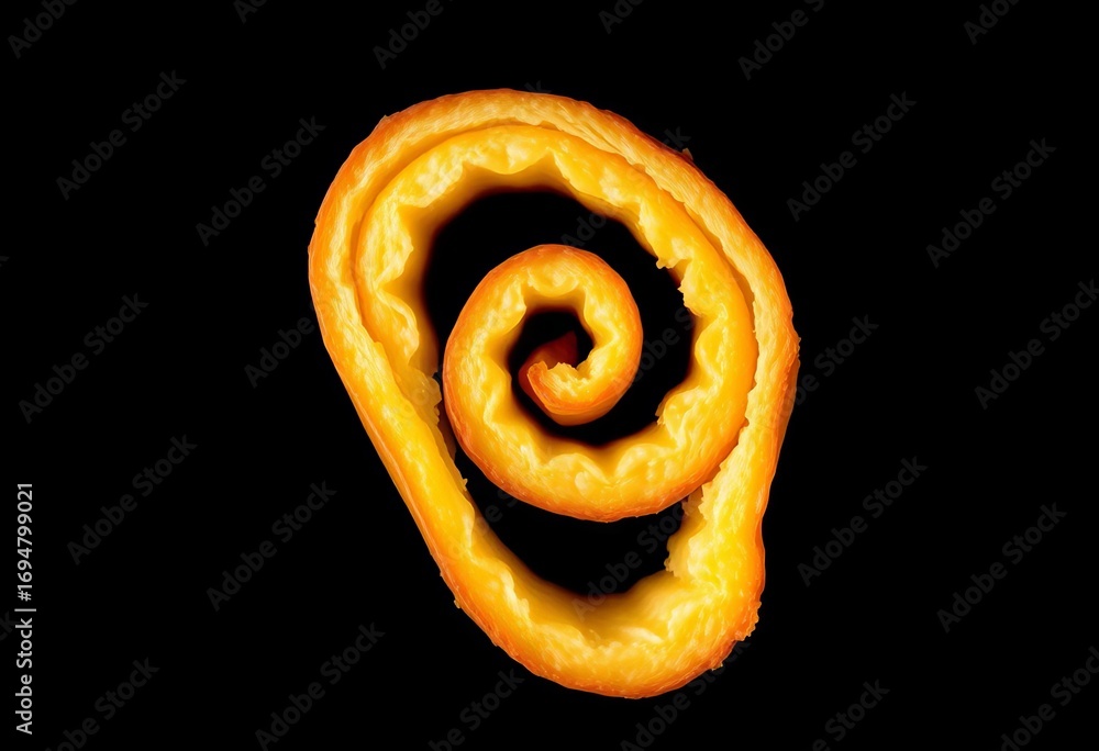 Fototapeta premium Golden brown butter curl, crisp edges, isolated on black, yummy, tasty